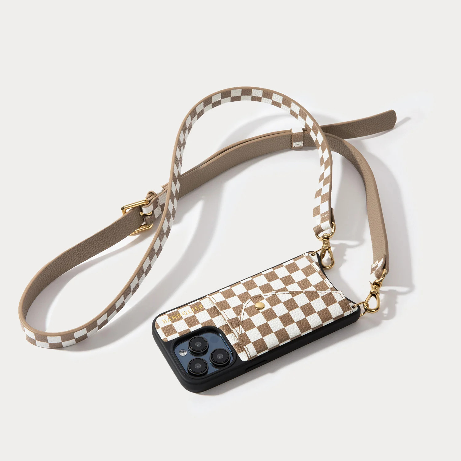 Hailey Side Slot Leather Crossbody Bandolier - Taupe Checker/Gold | Bandolier