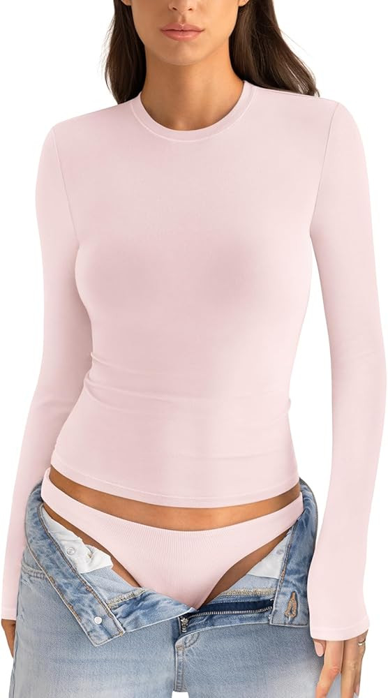 Womens Cotton Long Sleeve Shirts Crew Neck Slim Fit Basic Going Out Crop Outfits for Spring Fall ... | Amazon (US)