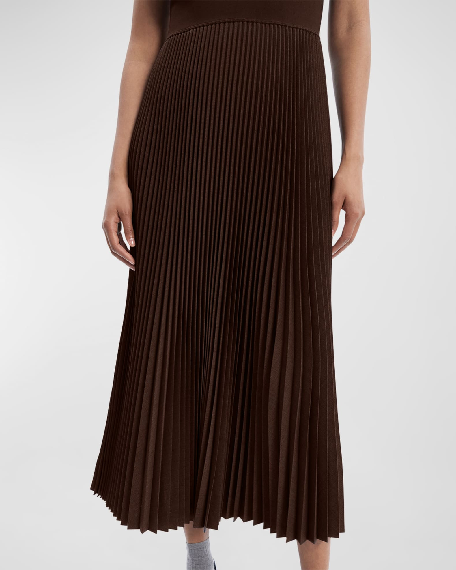 Theory Combo Pleated Wool Suiting Sleeveless Midi Dress | Neiman Marcus