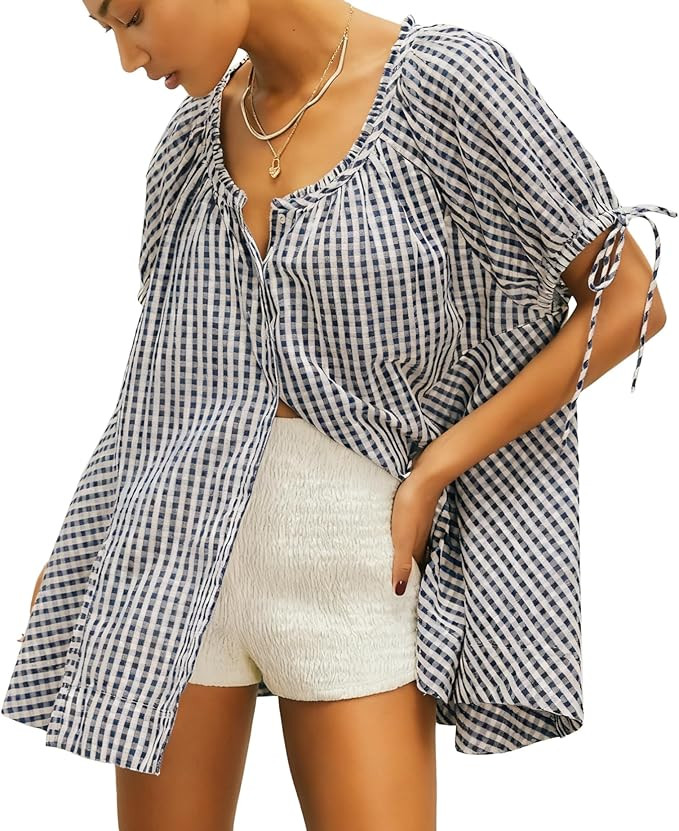 Womens Gingham Tunic Casual Puff Sleeve Pleated Scoop Neck Button Down Shirts Summer Tops Loose F... | Amazon (US)