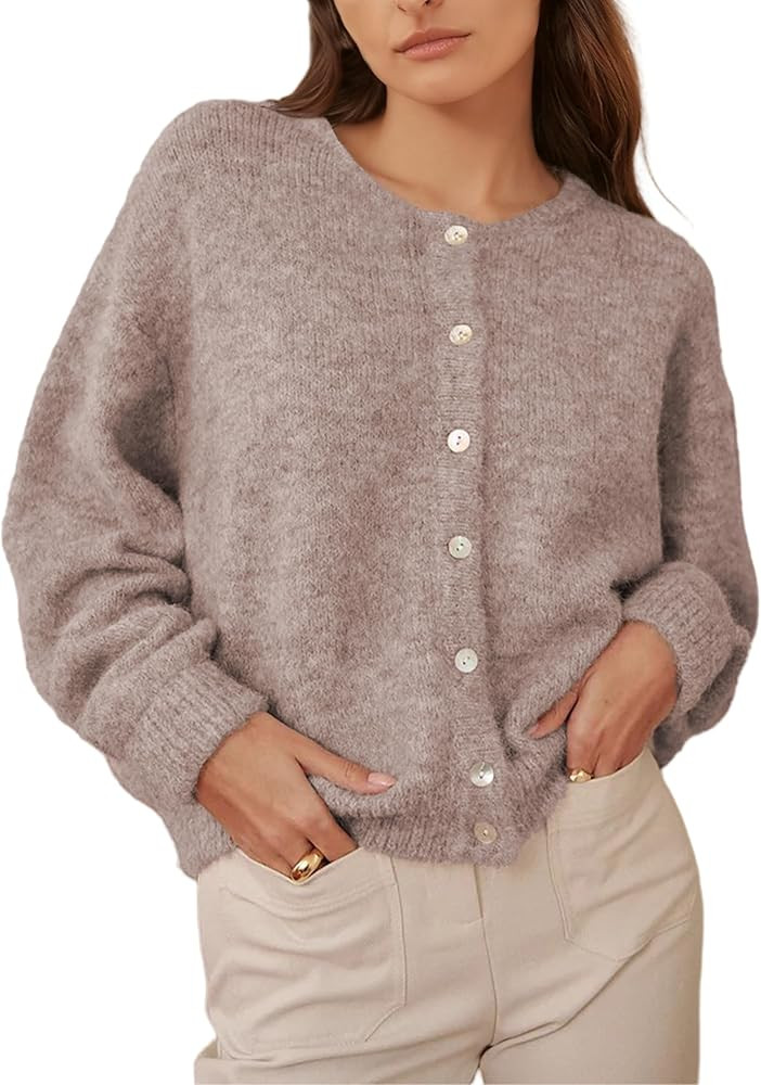 Women's Round Neck Button Down Long Sleeve Blouse Cardigan Loose Fit Knit Top Crewneck Sweater | Amazon (US)