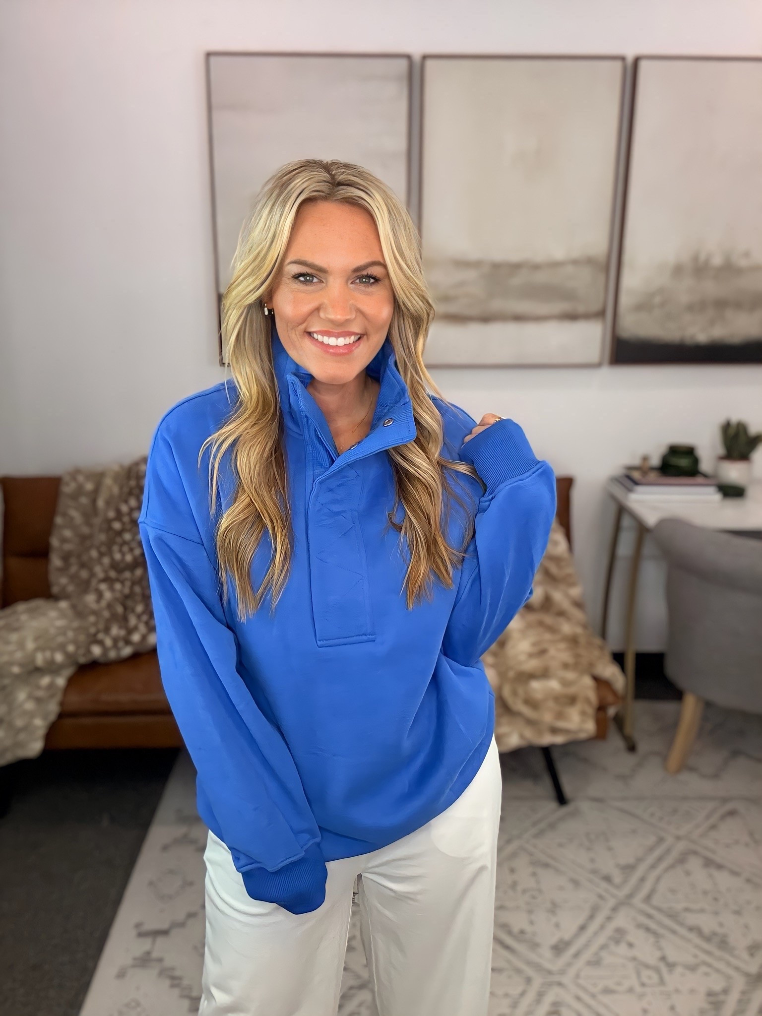The color sold me first, but the fit is what makes this one worth keeping. It has that relaxed, slightly oversized shape I want in a pullover, with a longer sleeve and roomy body that makes it easy to layer when temperatures finally drop. I can already see this being my airport and weekend uniform.

Blue pullover, oversized sweatshirt, snap collar sweatshirt, fall layering, travel outfit, airport outfit, casual fall style, cozy pullover, weekend outfit, transitional fashion, AudrieDollins

#LTKSeasonal #LTKootd #LTKActive