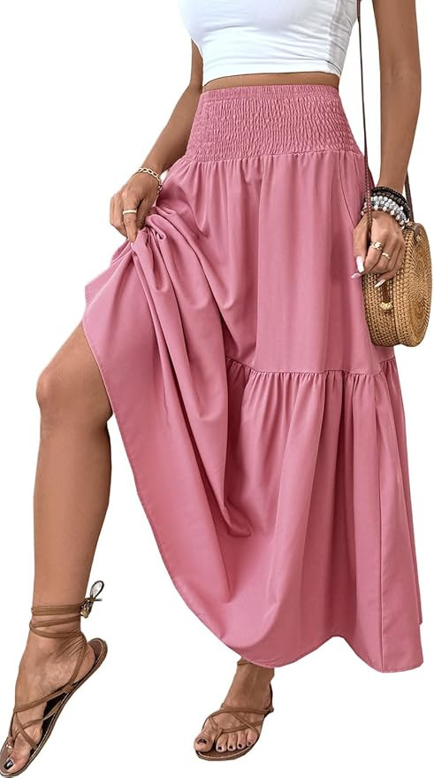 Women's Smocked High Waist Maxi Skirt Casual Boho Long Skirts with Pockets | Amazon (US)