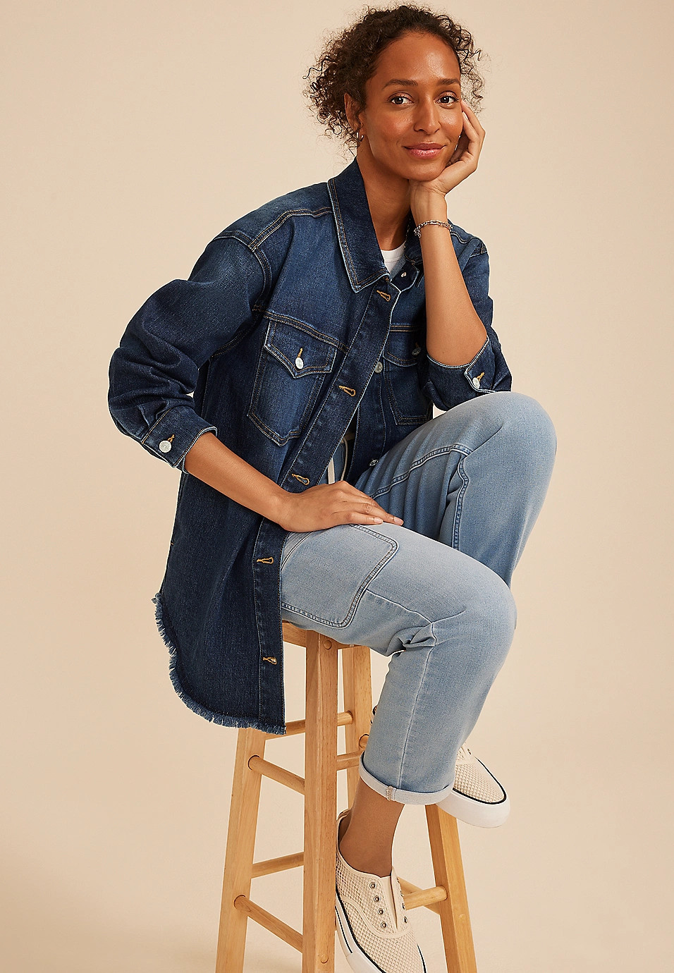 Dark Denim Fray Hem Oversized Shacket | Maurices