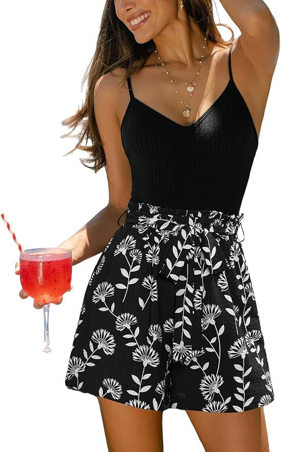 CUPSHE Women’s Romper Floral Ribbed Knit Cami Top Waist Short Tie Belt Summer Beach Rompers | Amazon (US)
