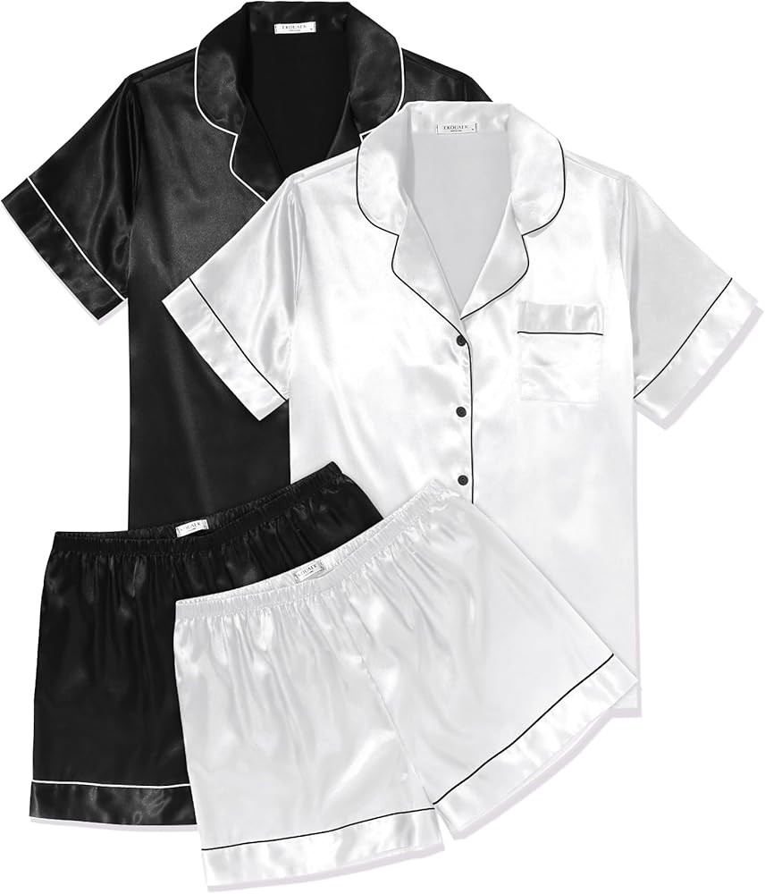 Ekouaer 2 Pack Womens Pajama Sets Silk Satin Short Sleeve Button Down Sleepwear Top and Shorts Pj... | Amazon (US)