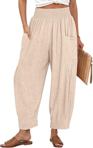 TARSE Women Linen Wide Leg Pants Summer Casual Loose High Waist Palzzo Harem Pant Beach Travel Vacation Outfits with Pockets, HeatherLightKhak, S | Amazon (US)