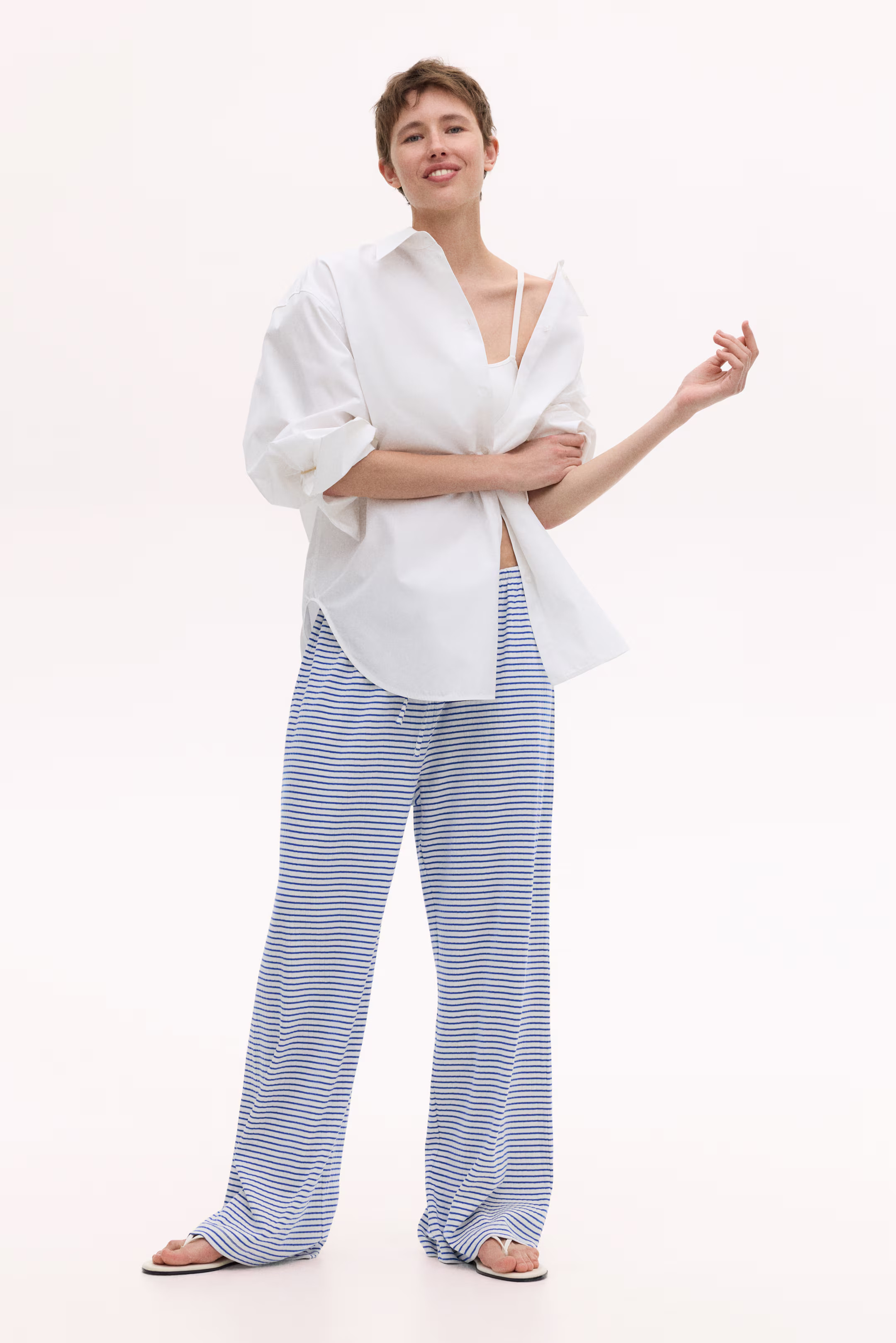 Ribbed Drawstring Pants - White/blue striped - Ladies | H&M US | H&M (US + CA)