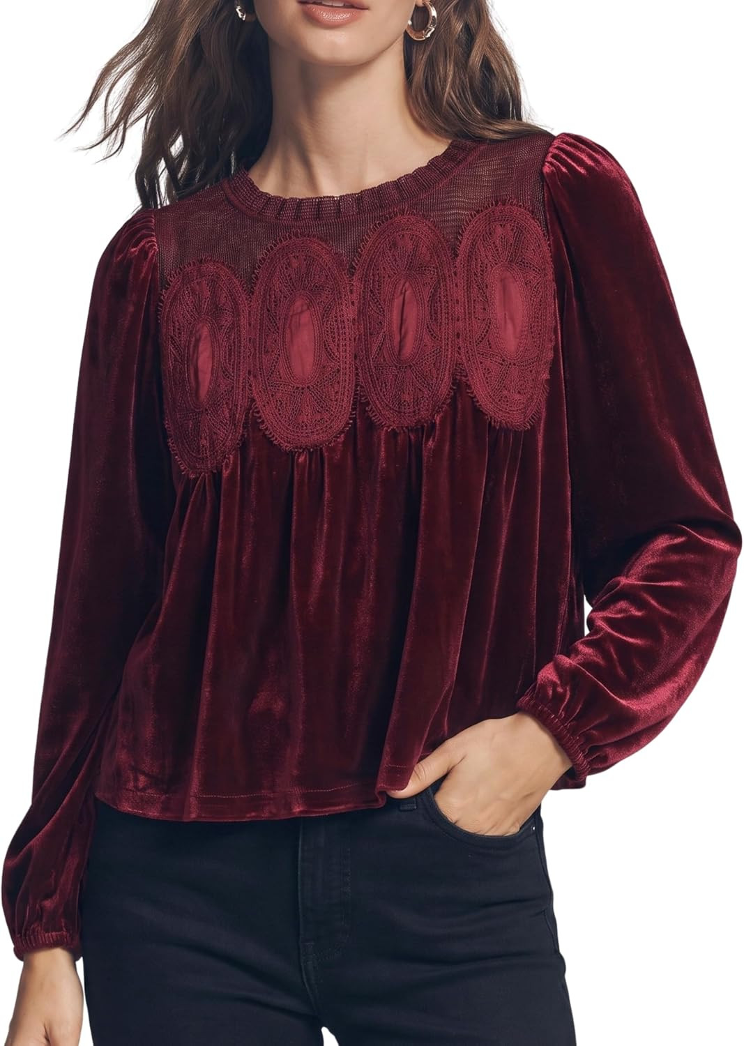 Women's Long Sleeve Velvet Trim Lace Blouse | Amazon (US)