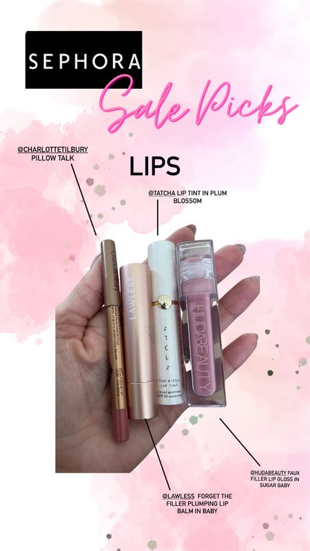 @sephora sale picks lips 
Tilbury pillow talk 
Lawless plumping lip balm in Cupid
Tatcha new lip tint in plum blossom 
Huda beauty faux filler lip gloss in sugar baby 

#LTKfindsunder100 #LTKbeauty #LTKxSephora