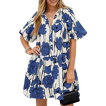 Wenrine Women's Summer Button Down Shirt Dress Floral Puff Short Sleeve Casual Loose Fit Beach Mi... | Amazon (US)