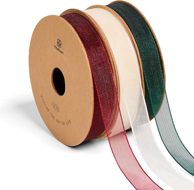 Vitalizart 3/8" x 30Yd Organza Ribbon Christmas Sheer Ribbons Set 10 Yd x 3 Rolls Red Green White... | Amazon (US)