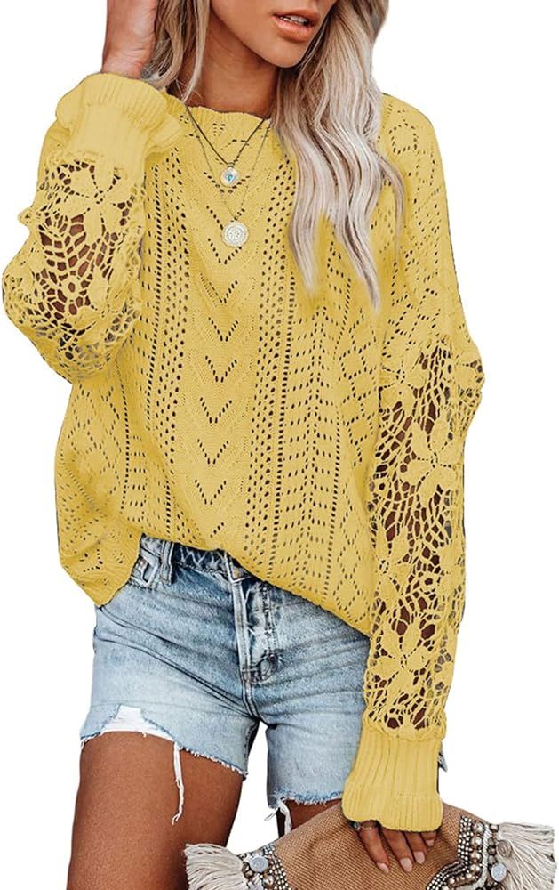 AlvaQ Women Lace Crochet Long Sleeve Crewneck Sweaters Winter Knit Pullover Jumper Tops | Amazon (US)