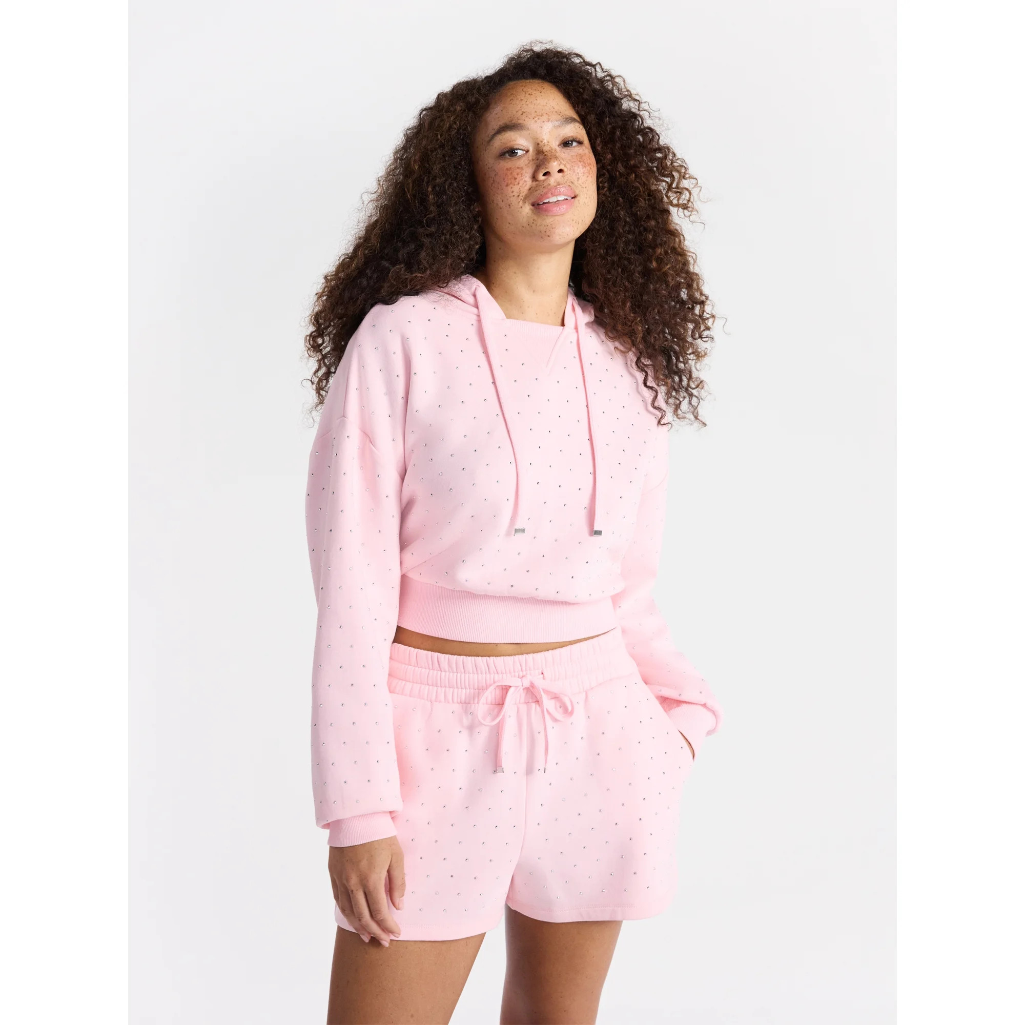 No Boundaries Faux Rhinestone Cropped Hoodie and Shorts Set, 2-Piece, Women’s | Walmart (US)