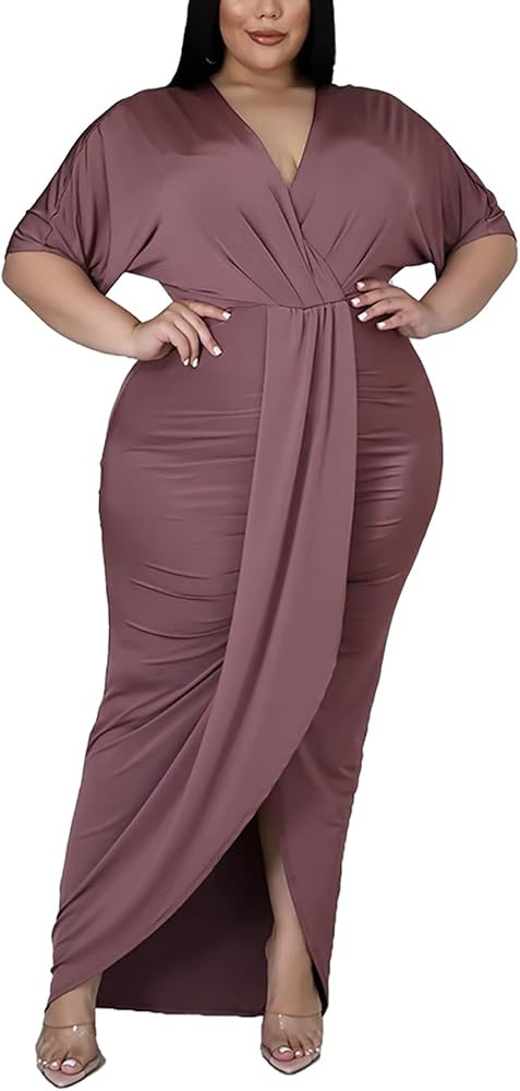 Sexy Plus Size Maxi Dress for Curvy Women V Neck Short Sleeve Wedding Guest Dress Party Dress | Amazon (US)