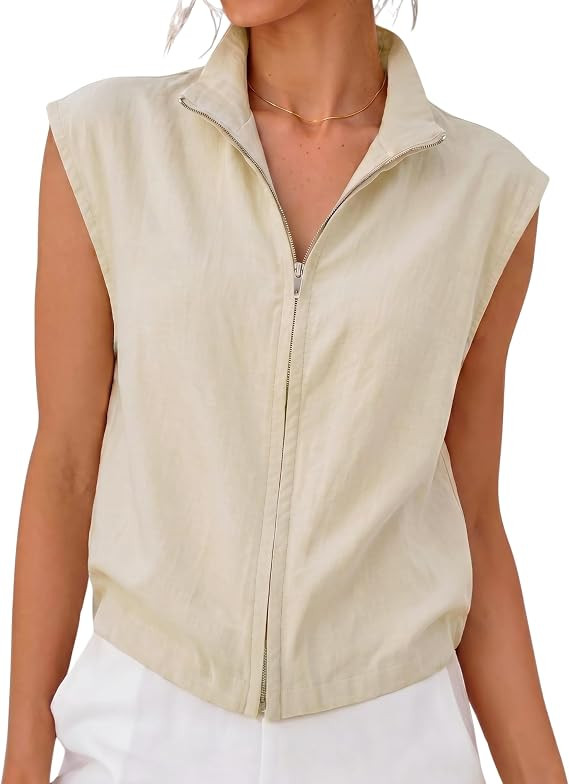 Omoone Womens Linen Blend Tank Tops Summer Trendy Zip Up Sleeveless Vest | Soft breathable shirts... | Amazon (US)