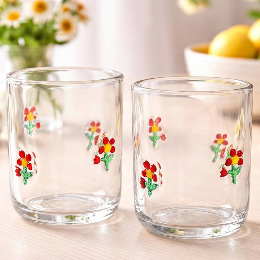 Skylety 2 Pcs Flower Icon Juice Glasses 14 oz Spring Stemless Wine Drinking Juice Glass Cups Old ... | Amazon (US)