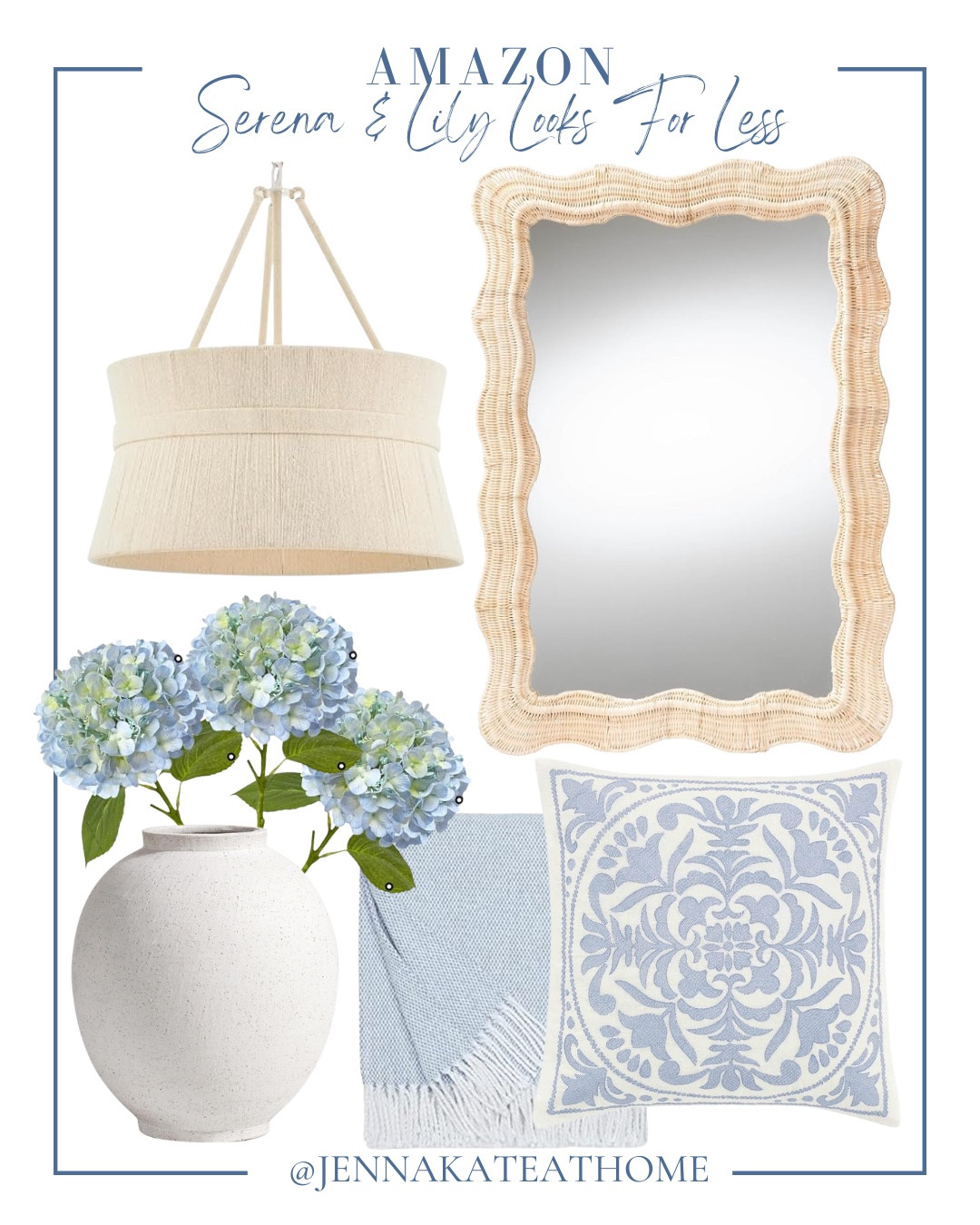 Amazon Serena & Lily looks for less include mirror, light fixture, throw blanket, throw pillow, vase, and faux hydrangeas. 

Home decor, coastal decor, home accents, looks for lesss include

#LTKvlog #LTKSeasonal #LTKHome