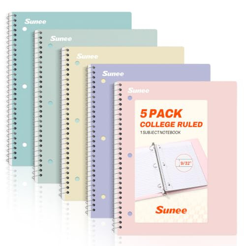 SUNEE Spiral Notebooks, 1-Subject, 5 Pack, College Ruled Paper, 8" x 10-1/2", 70 Sheets per Notebook,3-Hole Punched Paper, Pink,Purple, Blue, Green, Yellow Spiral Lined Notebooks for School,Work | Amazon (US)