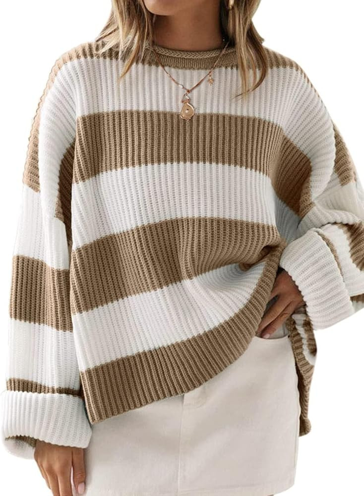 ZESICA Women's Fall Long Sleeve Crew Neck Striped Color Block Comfy Loose Oversized Knitted Pullo... | Amazon (US)