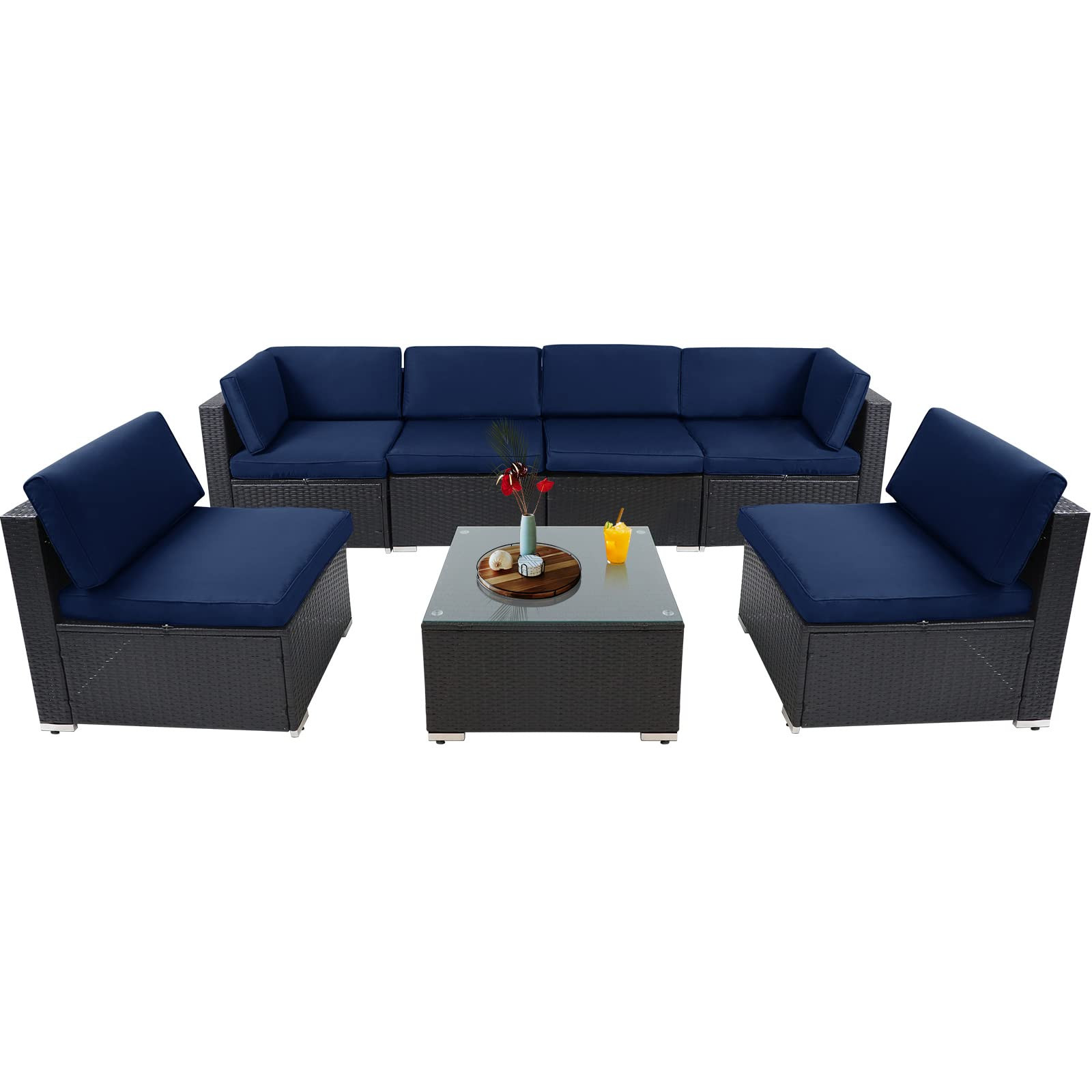 SOLAURA 7-Piece Outdoor Furniture Set, Black Brown Wicker Furniture Patio Modular Sectional Sofa Set | Amazon (US)