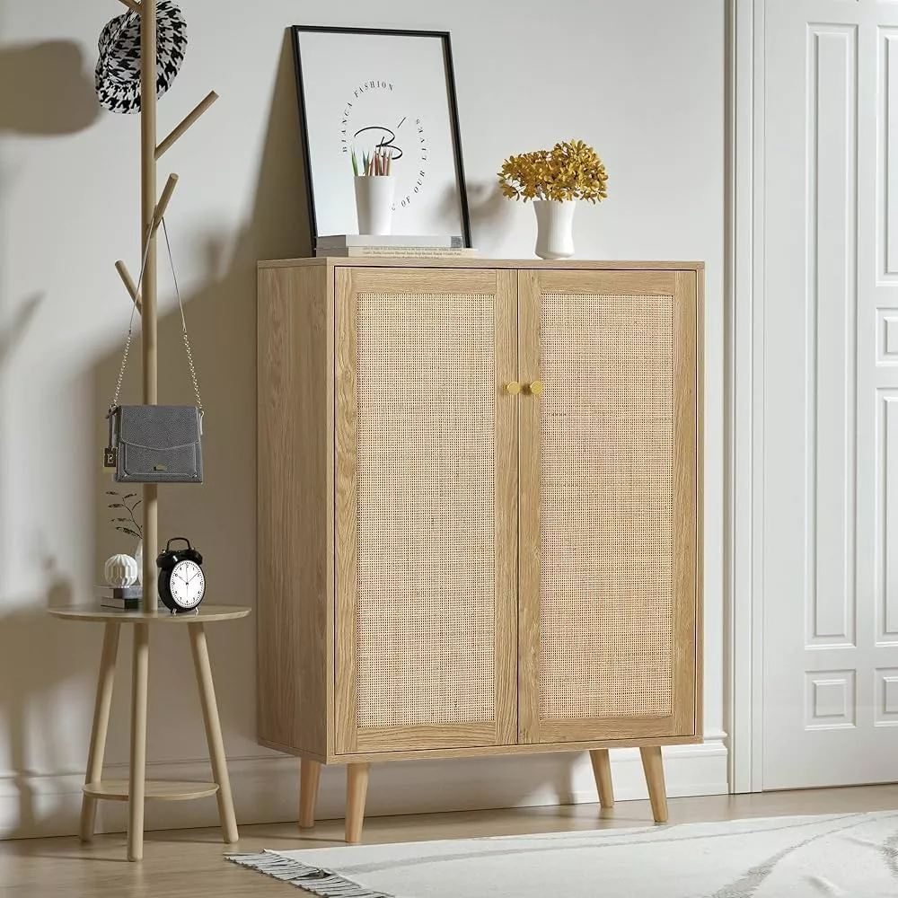 FOTOSOK Kitchen Pantry Storage Cabinet, Tall Cabinet with Rattan