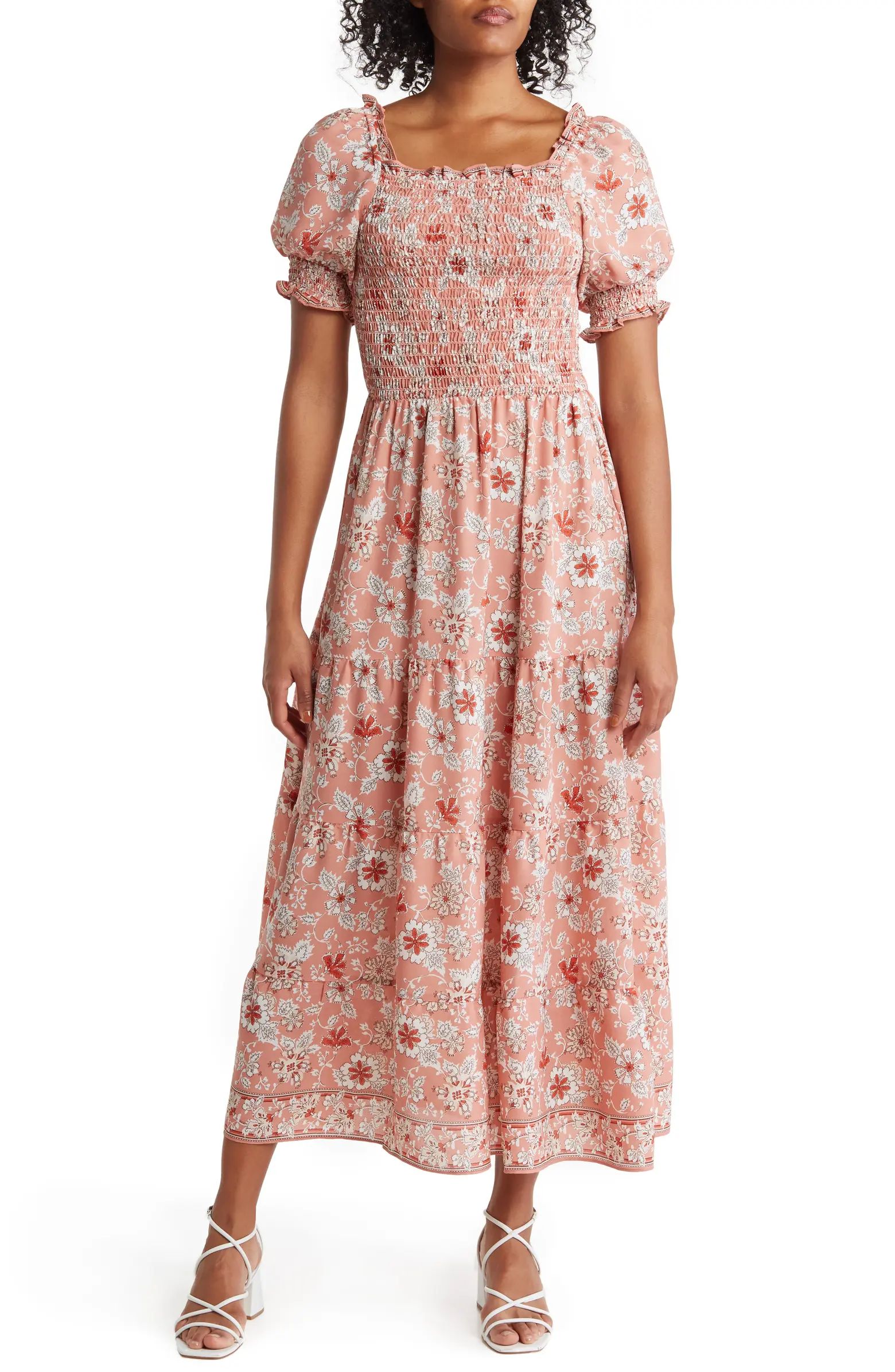 Printed Smocked Bodice Tiered Maxi Dress | Nordstrom Rack