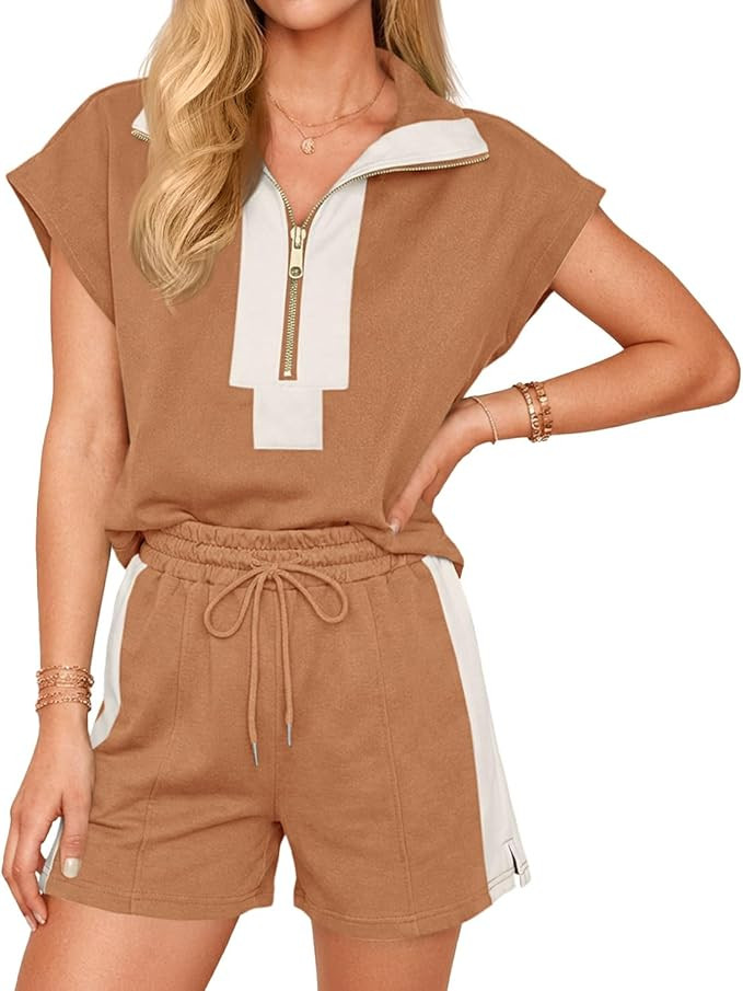 Cicy Bell Womens 2 Piece Outfits Summer Half Zip V Neck Cap Sleeve Tops Matching Sets Color Block... | Amazon (US)