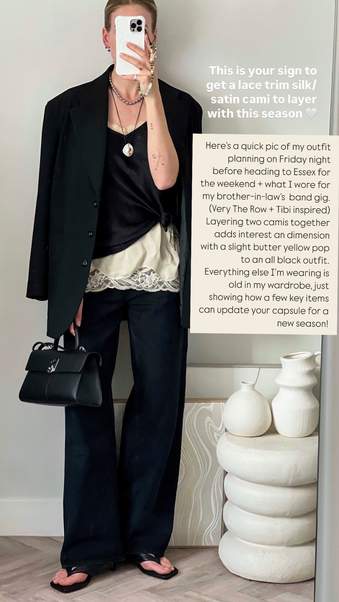 Zara outfit - satin cami - lace trim cami - the row inspired - Tibi - black outfit - evening outfit - black wide leg jeans - black blazer - Zara blazer - agolde jeans - kitten heels - thong sandals - gig outfit - dinner outfit - date outfit - spring outfit - summer outfit evening 

#LTKsummer #LTKstyletip #LTKuk