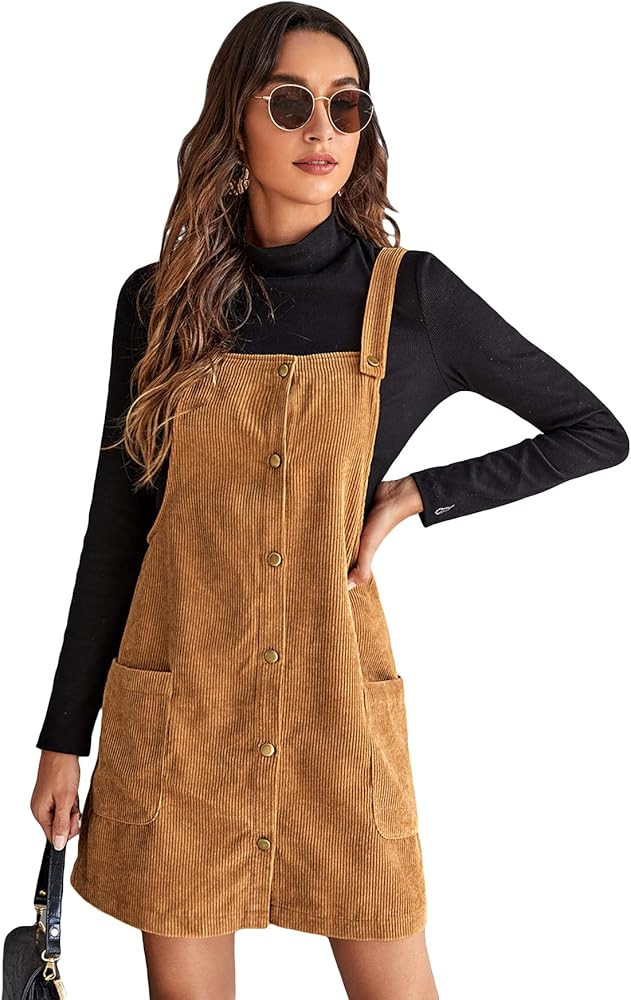 Floerns Women's Corduroy Button Down Pinafore Overall Dress with Pockets | Amazon (US)