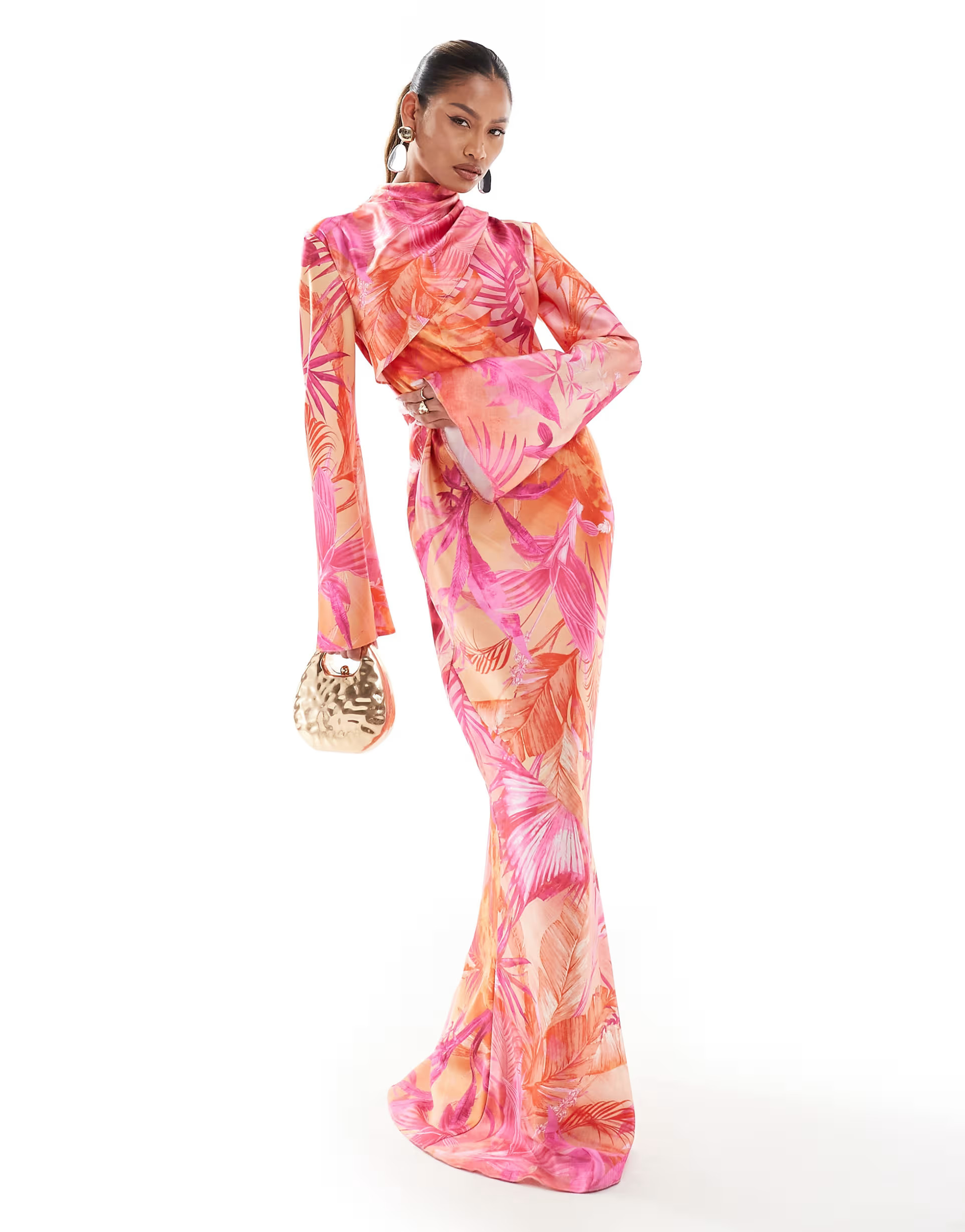 Daska satin printed maxi dress with funnel sleeves in bright tropical print | ASOS (Global)