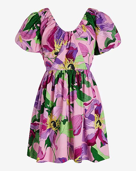 Floral V-neck Puff Sleeve Poplin Mini Dress | Express