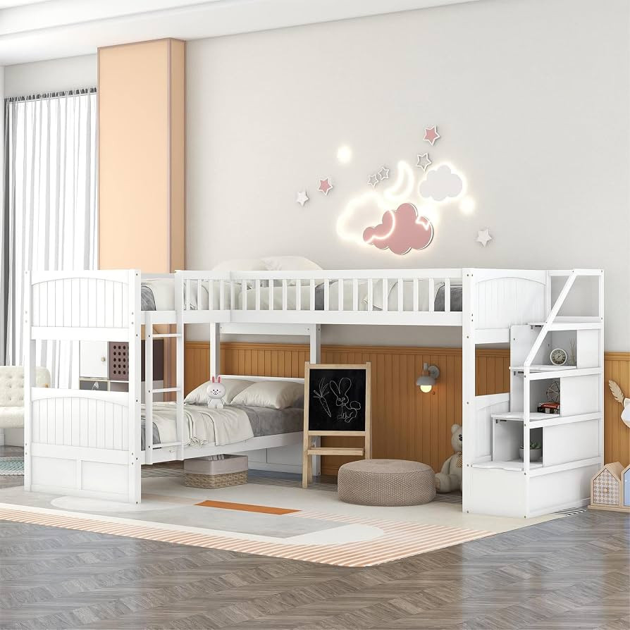 Harper & Bright Designs Triple Bunk Bed with Storage Stairway, L-Shaped Bunk Bed with a Loft Bed ... | Amazon (US)