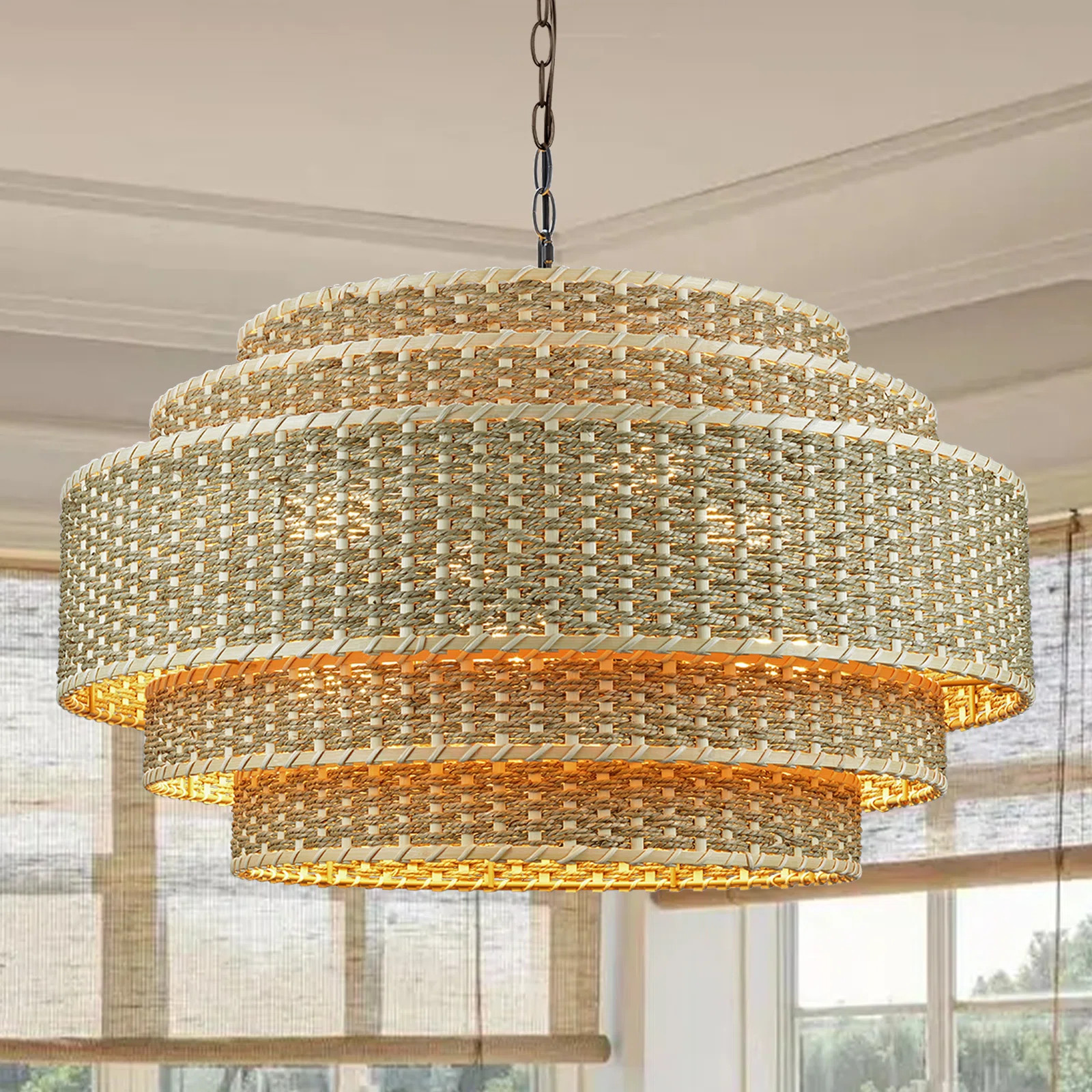 Amishi 8 - Light 26in Rattan Dimmable Shaded Tiered Chandelier with Adjustable Black Chain | Wayfair North America