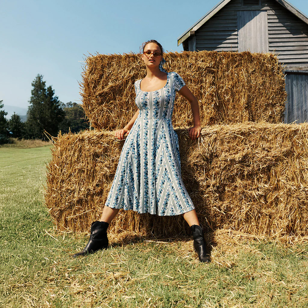 Floral Blue Women's Midi Flare Dress | Tricia | Posh Peanut