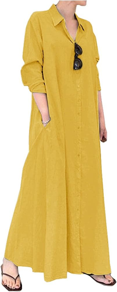 Ladyful Women's Casual Button Down Cotton Linen Long Shirt Dress | Amazon (US)
