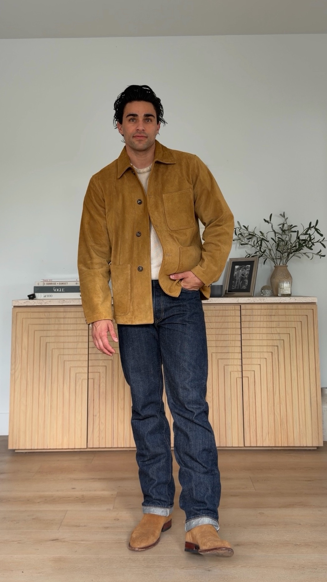 Love this outfit built around suede and denim. 