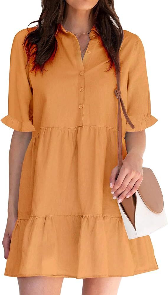 ROYLAMP Women's Summer Tunic Dress Puff Sleeve Ruffle Hem Button Down Casual Collared Shift Dress... | Amazon (US)