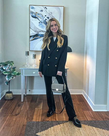 Todays work #ootd. This bag is an Anine Bing dupe and a fraction of the cost! Also, these black work pants are a closet staple. They are seriously the most comfortable work pants I own. You can shop this look and others in my LTK storefront! Link in bio. 

#workwear #blazers #bardot #revolve #workfashion 

#LTKstyletip #LTKunder100 #LTKworkwear