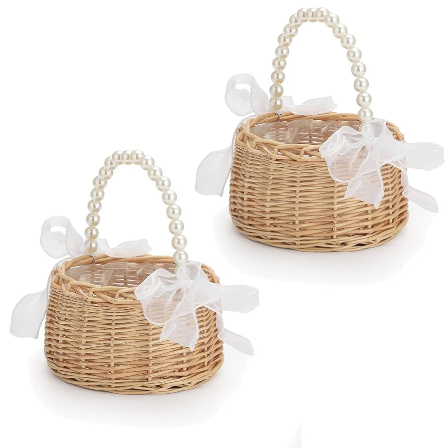 2 PCS Wicker Rattan Flower Girl Basket Wedding Flower Girl Basket with Pearl Handle and Bow Fairy... | Amazon (US)