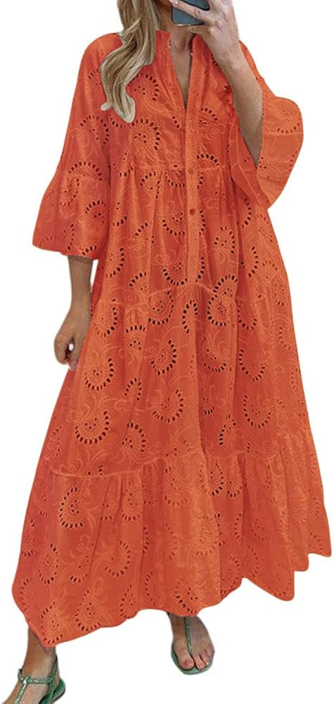 chouyatou Women's 2024 Lace Eyelet Embroidery Maxi Dress V-Neck Trumpet Sleeve Boho Flowy Swing D... | Amazon (US)