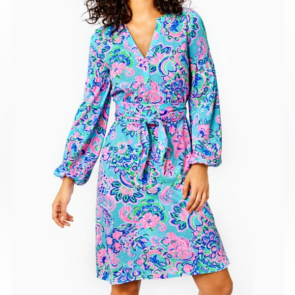 NWT Lilly Pulitzer Kierna Knee Length Belted Dress Blue Horizon Jungle Sunrise M | Poshmark