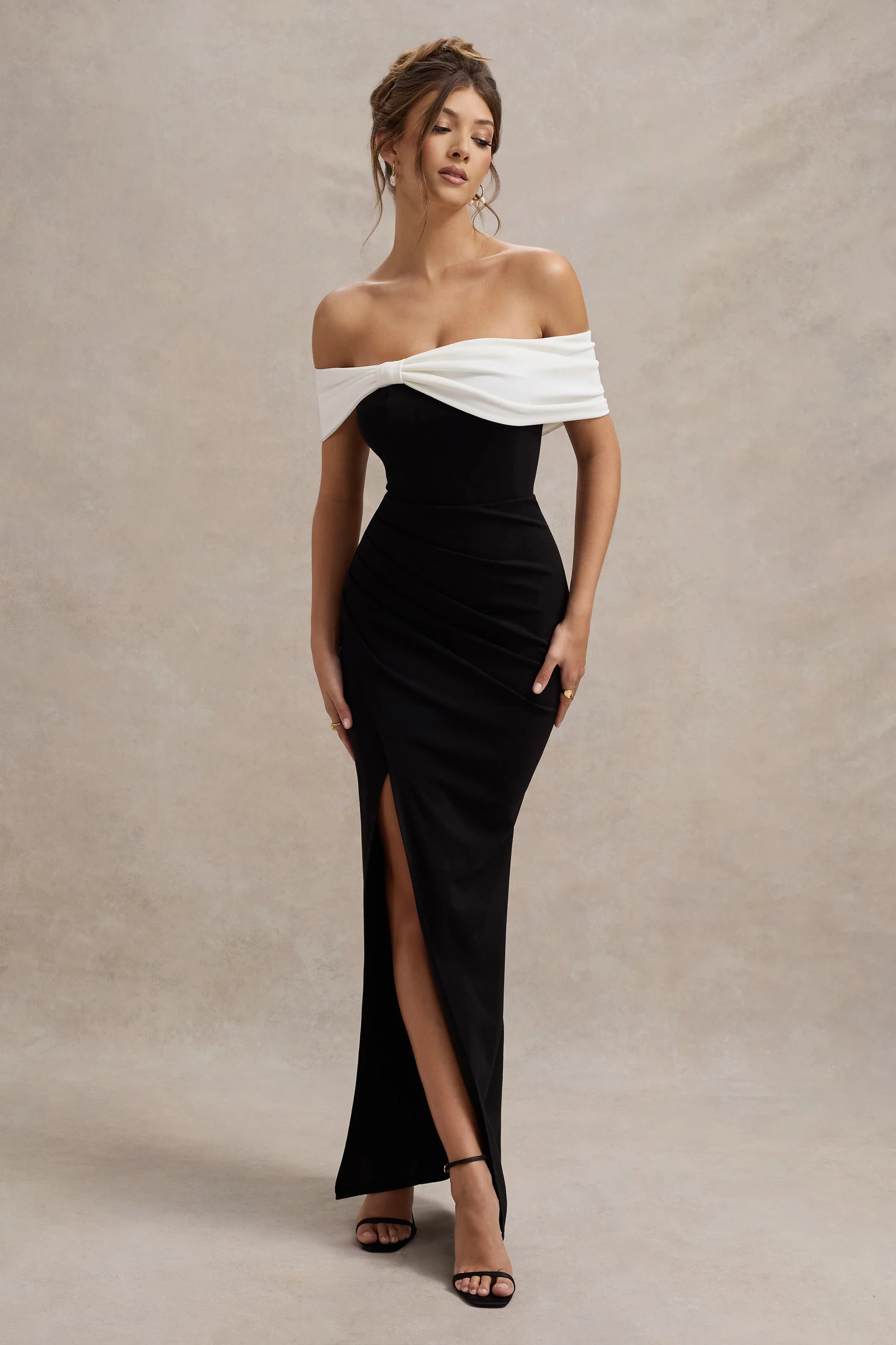 Eva  Black & White Bardot Bow Detail Maxi Dress With Thigh Split | Club L London