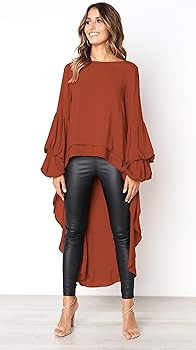 Women's Lantern Long Sleeve Round Neck High Low Asymmetrical Irregular Hem Casual Tops Blouse Shi... | Amazon (US)
