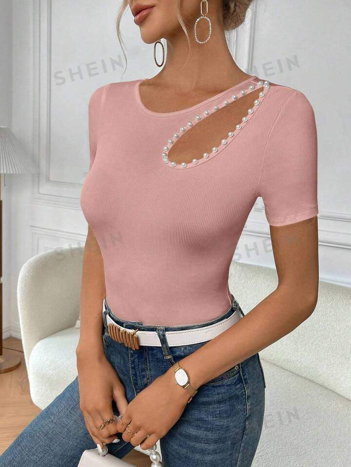 SHEIN Privé Fitted Short Sleeve T-Shirt With Faux Pearl, Studs And Hollow Out Details | SHEIN