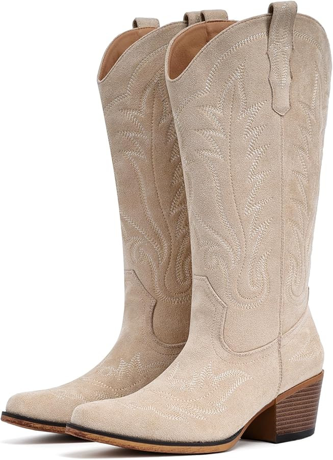 Suede Cowboy Boots for Women Western Mid Calf Cowgirl Boots with Embroidered, Retro Snip Toe Fash... | Amazon (US)