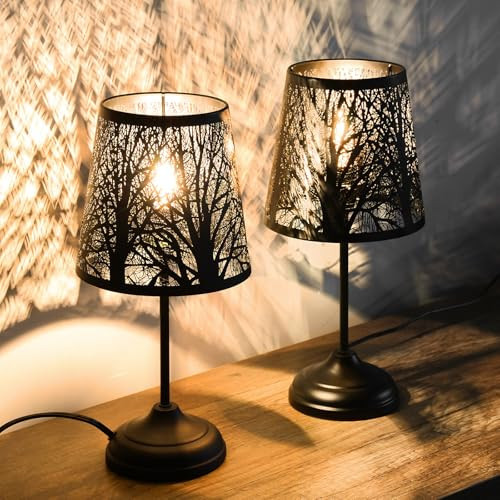 3 Level Dimmable Touch Table Lamps Set of 2, Black Metal Tree Pattern Shadow Lamp, Small Bedside Night Light for Kids, Vintage Accent Decor Lamp Halloween Indoor Mood Lighting Bedroom Living Room | Amazon (US)