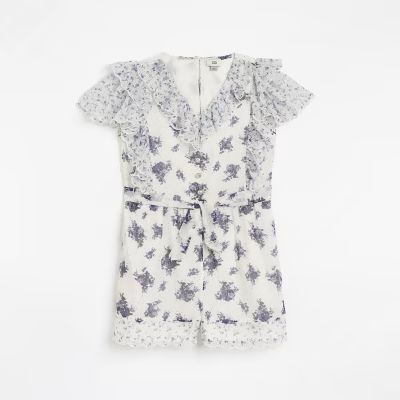 Girls white floral frill trim belted playsuit | River Island (UK & IE)