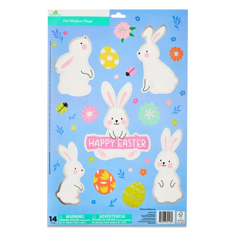 Bunny Foil Window Clings, Multicolor, 14 Count, Easter by Way To Celebrate | Walmart (US)