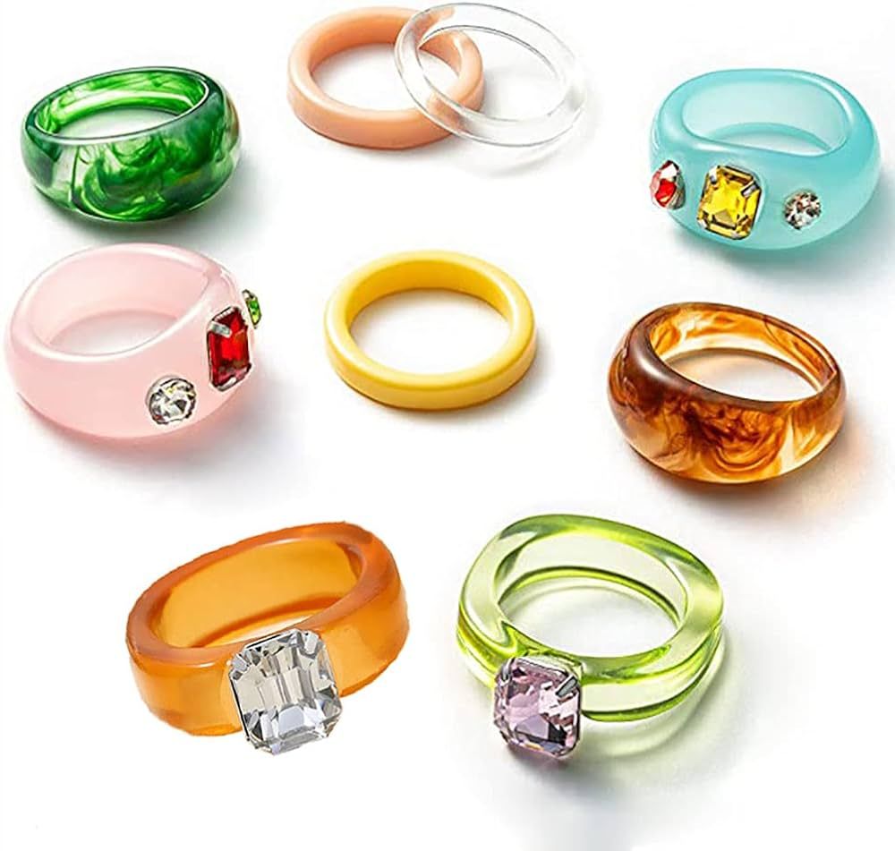 SEVENSTONE 9Pcs Resin Retro Acrylic Colorful Chunky Ring Cute Trendy Colorful Rhinestone Y2k Jewe... | Amazon (US)